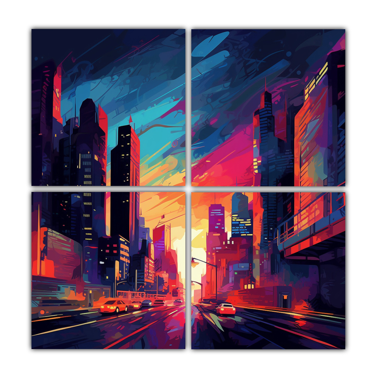 cuatro-cuadros-nocturnos-con-colores-y-luces-din-micas-en-la-ciudad