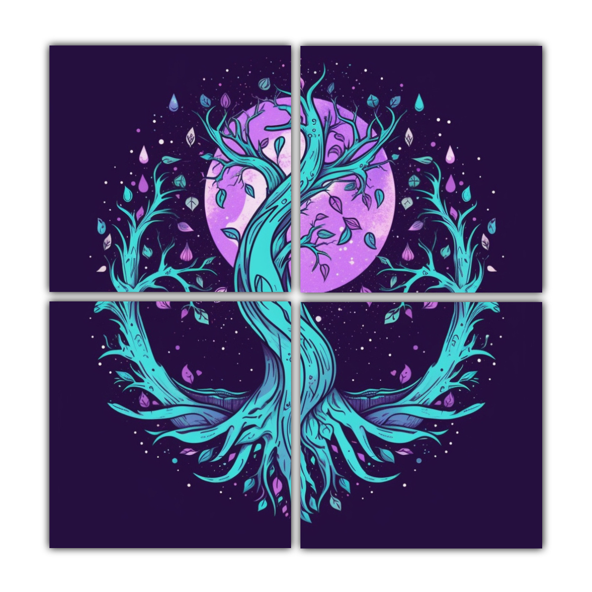 cuatro-cuadros-tonos-para-comedor-con-un-rbol-de-la-vida-en-estilo-de-dibujos-animados-frente-a-una-media-luna-