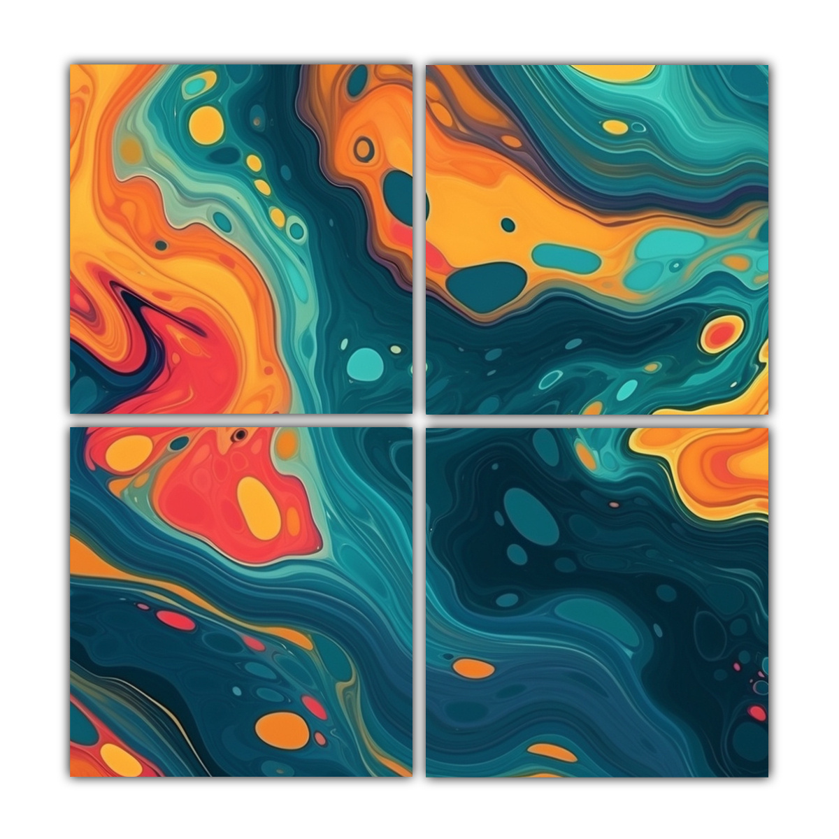 cuatro-lienzos-abstractos-multicolores-equilibrio-intenso-de-fondo-fluido-teal-naranja