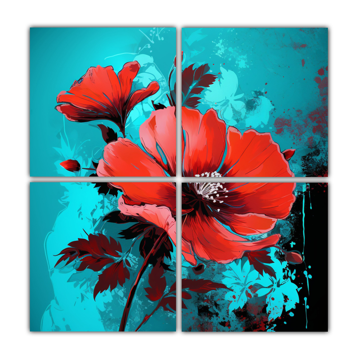 cuatro-lienzos-abstractos-rojo-y-turquesa-atmosfera-neonoir-estilo