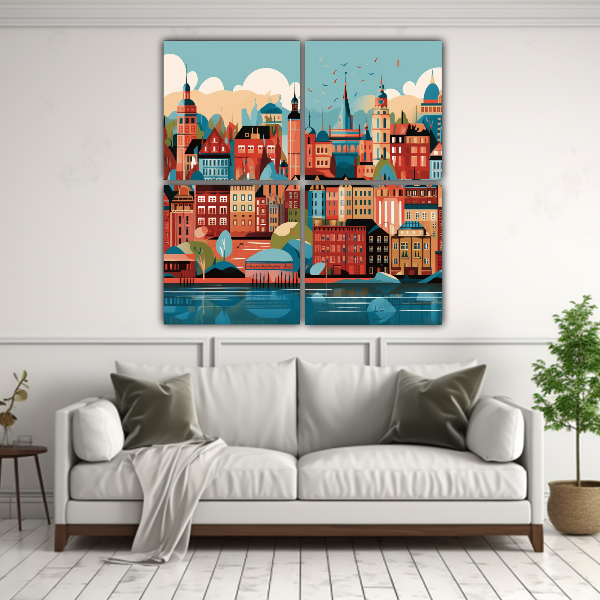 cuatro-lienzos-cuadrado-de-paisaje-original-estilo-ilustrado-de-una-ciudad-en-lienzo-1