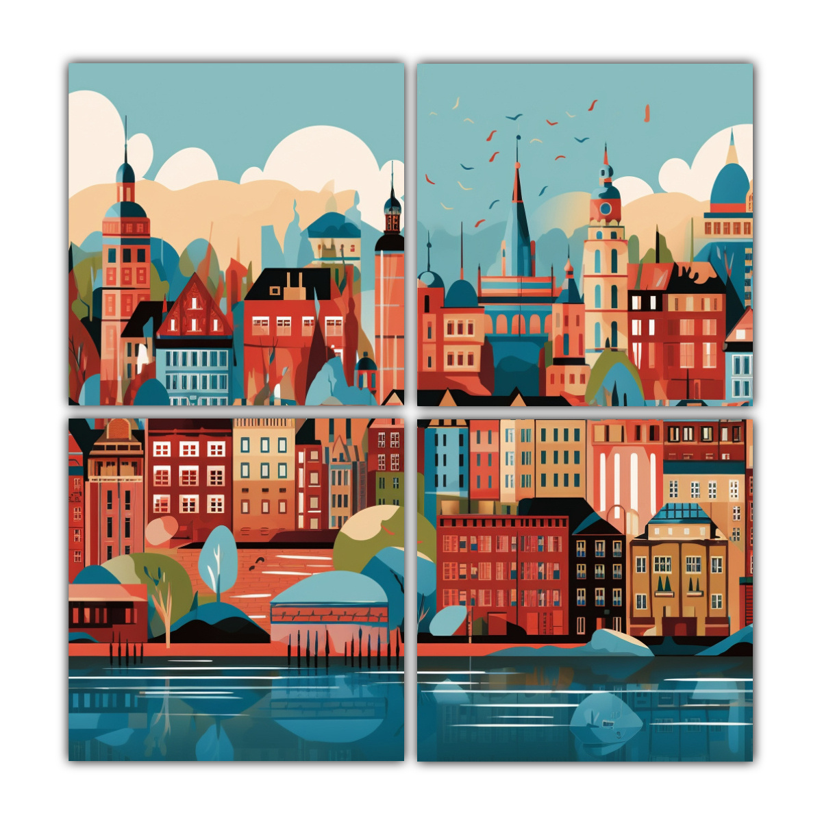 cuatro-lienzos-cuadrado-de-paisaje-original-estilo-ilustrado-de-una-ciudad-en-lienzo