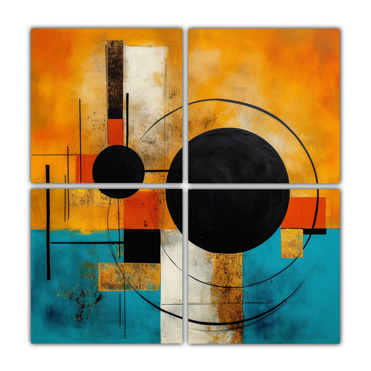 cuatro-lienzos-de-tela-calidos-creatividad-arte-minimalista-en-naranja-azul-oro-y-negro