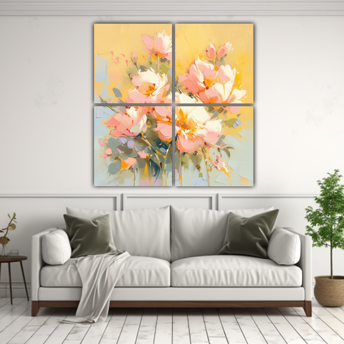 cuatro-lienzos-de-tela-moderno-a-yellow-and-pink-colors-flowers-painting-1