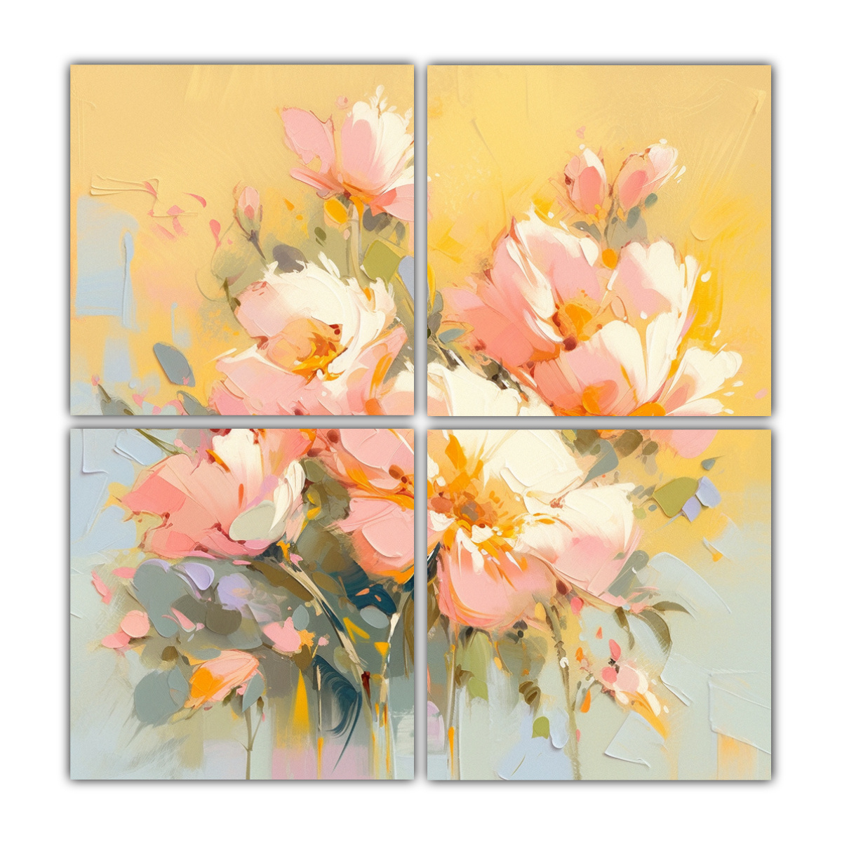 cuatro-lienzos-de-tela-moderno-a-yellow-and-pink-colors-flowers-painting