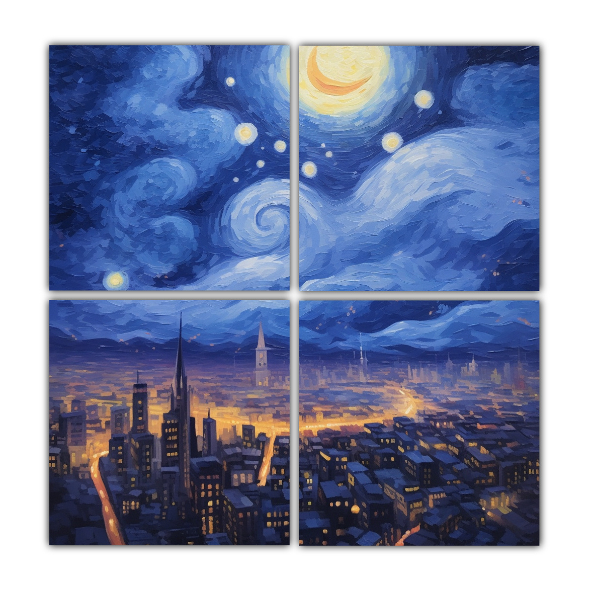 cuatro-lienzos-dibujo-salon-textura-leo-cielo-estrellado-ciudad-fuerte