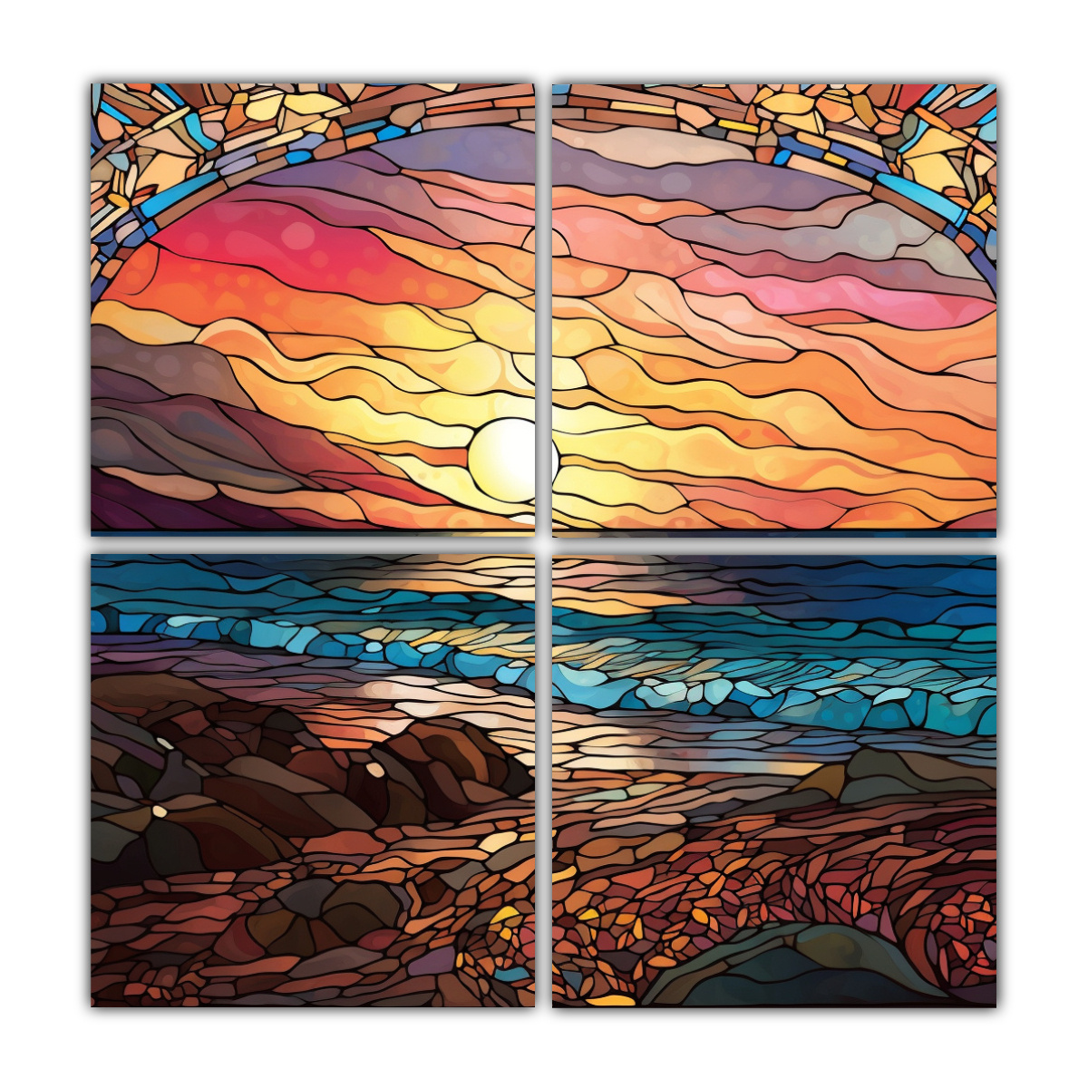 cuatro-lienzos-modernos-stained-glass-playa-con-atardecer-exuberante