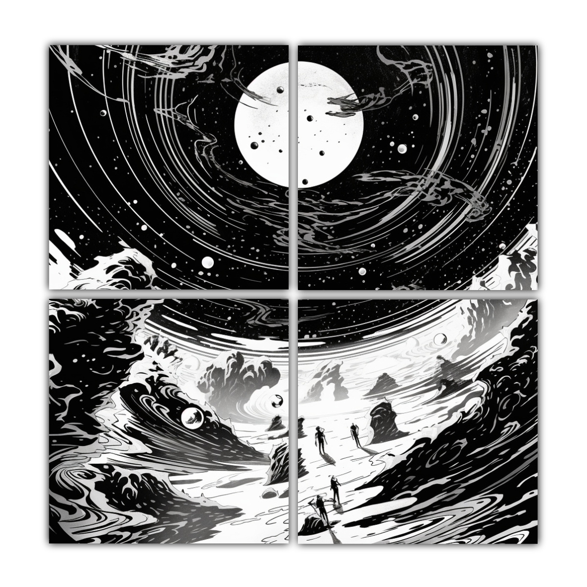 cuatro-lienzos-scifi-espacio-horrores-linocut-cuadro