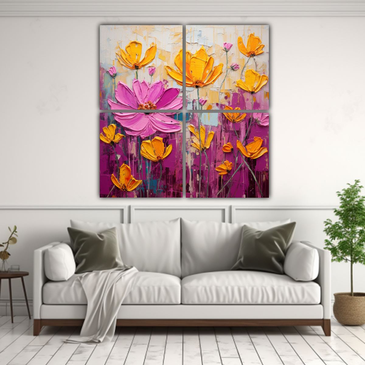 cuatro-telas-en-bastidor-dise-o-adorable-flores-amarillas-y-magenta-en-pintura-sobre-lienzo-1