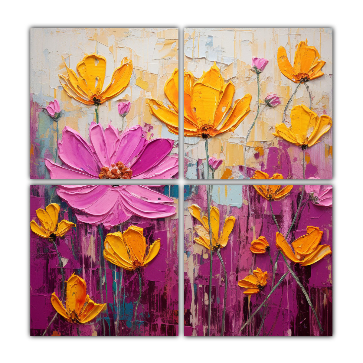 cuatro-telas-en-bastidor-dise-o-adorable-flores-amarillas-y-magenta-en-pintura-sobre-lienzo