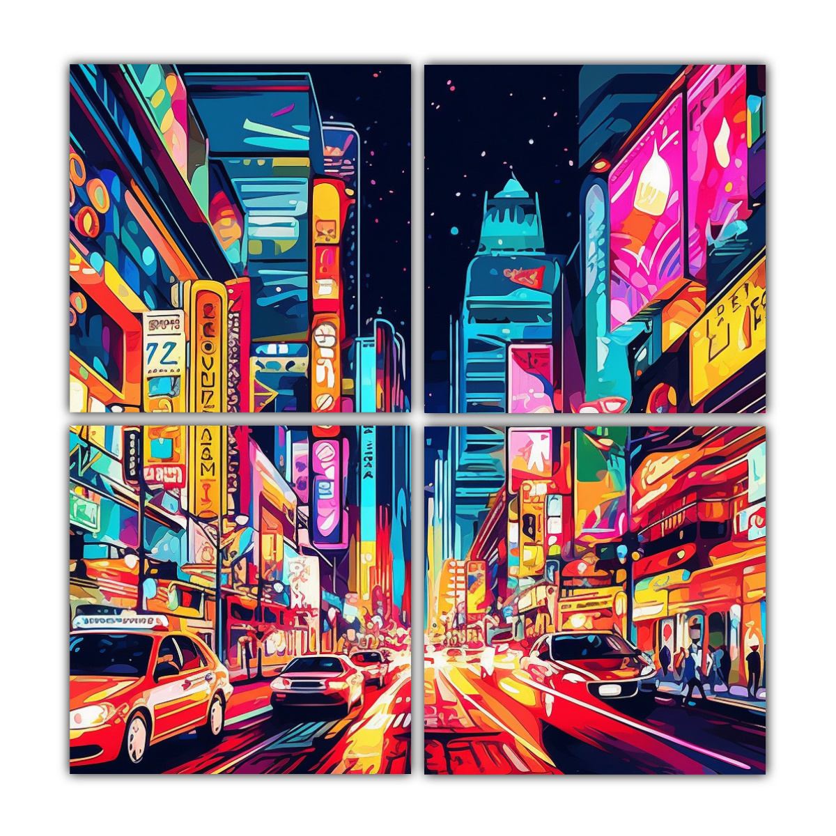 cuatro-telas-en-bastidor-tema-composici-n-din-mica-indulge-in-the-vibrant-energy-of-a-bustling-cityscape-