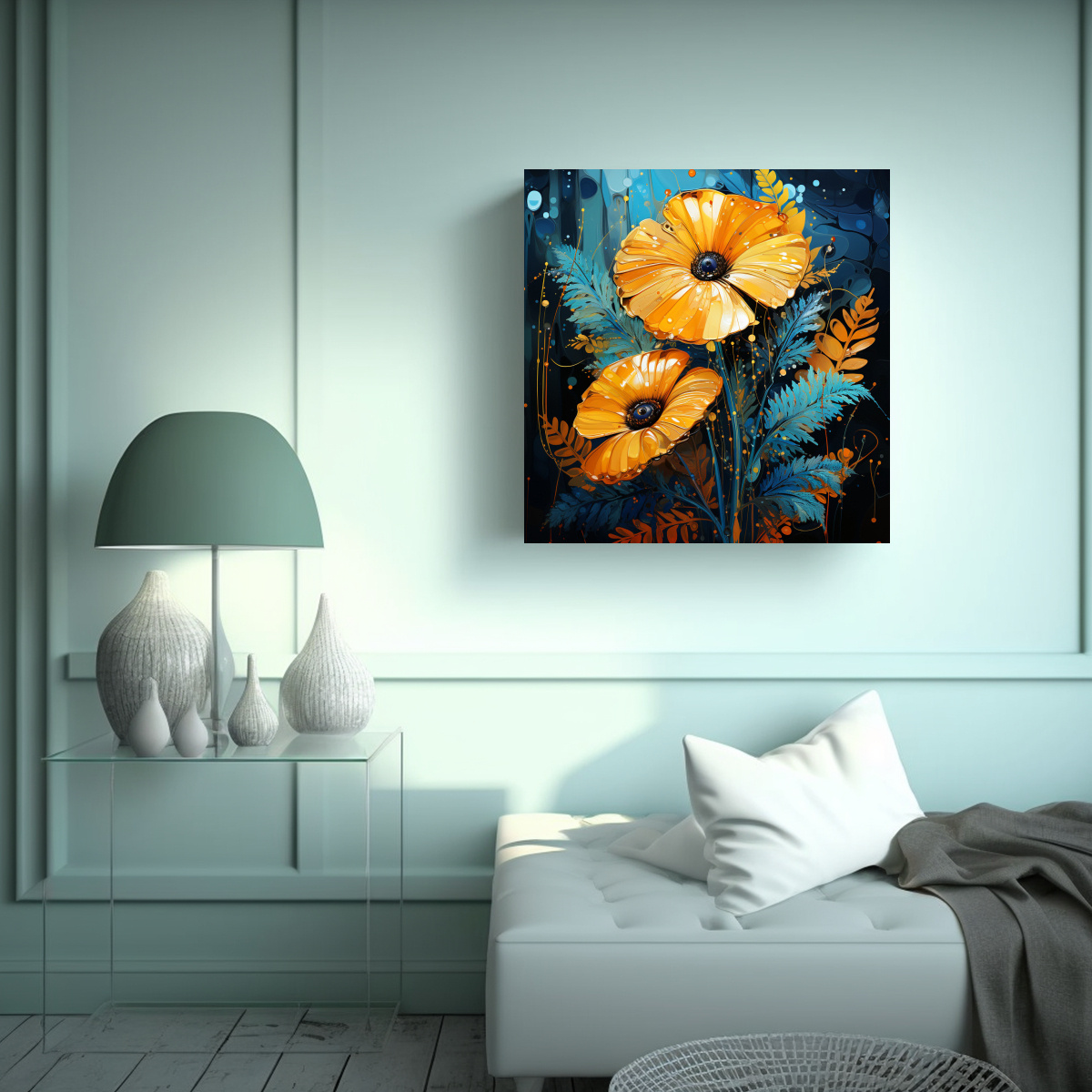 lienzo-de-tela-alegre-con-hojas-de-helecho-en-amarillo-y-azul-en-ambiente-neonoir-1