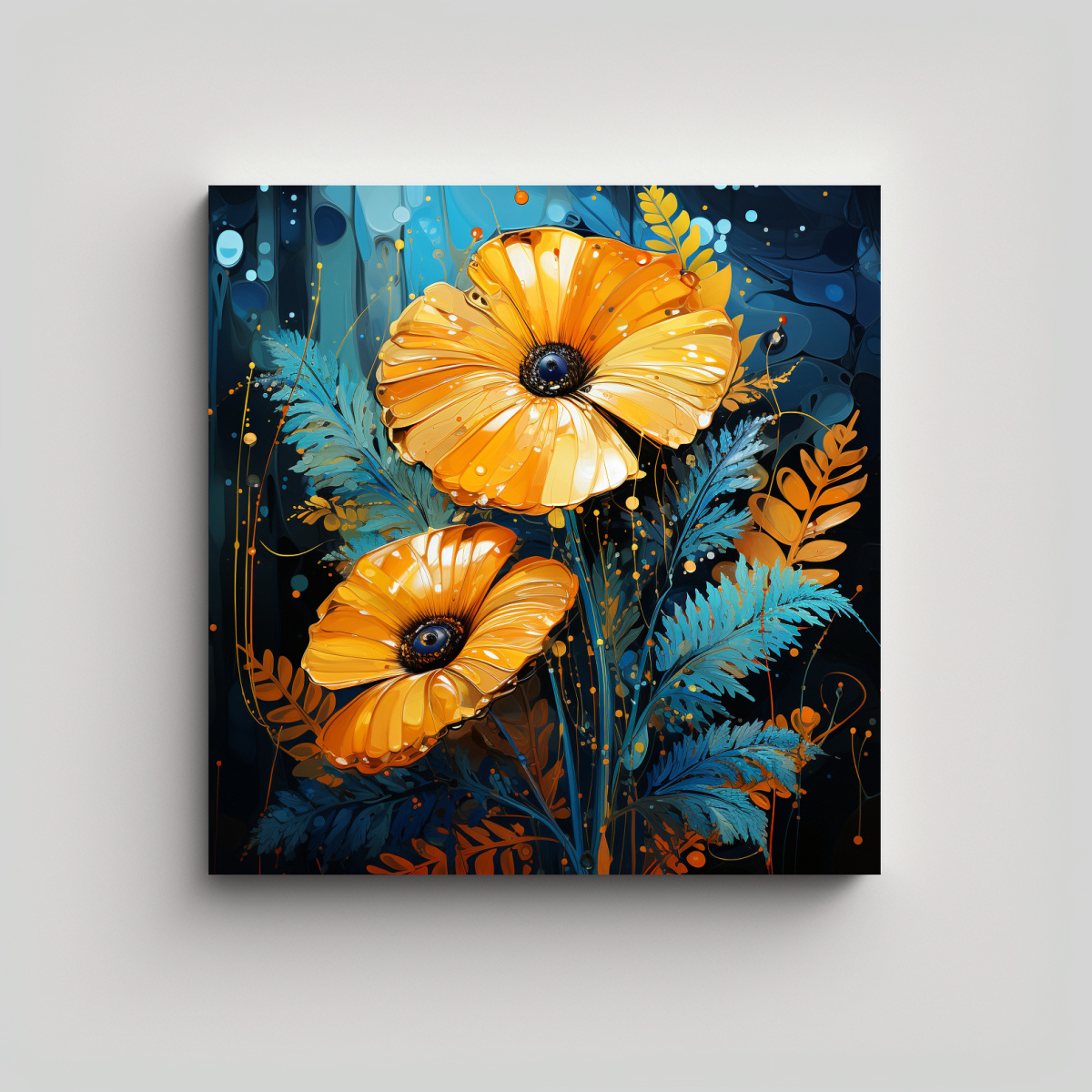 lienzo-de-tela-alegre-con-hojas-de-helecho-en-amarillo-y-azul-en-ambiente-neonoir