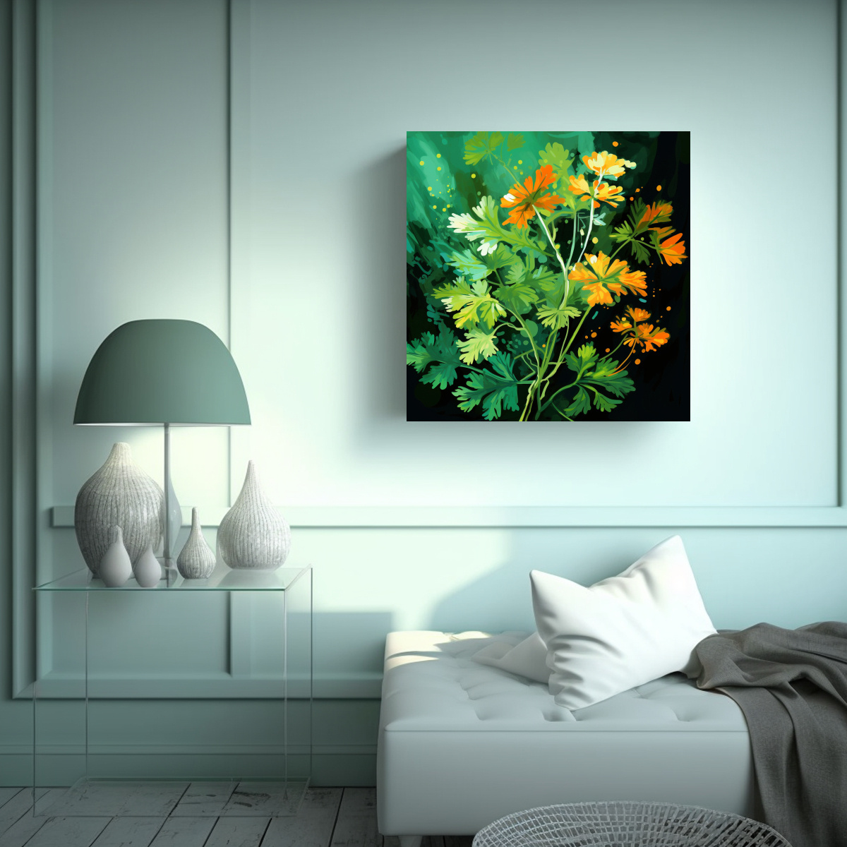 lienzo-de-tela-movimiento-para-sala-en-colores-cilantro-verde-y-naranja-con-atm-sfera-neonoir-1