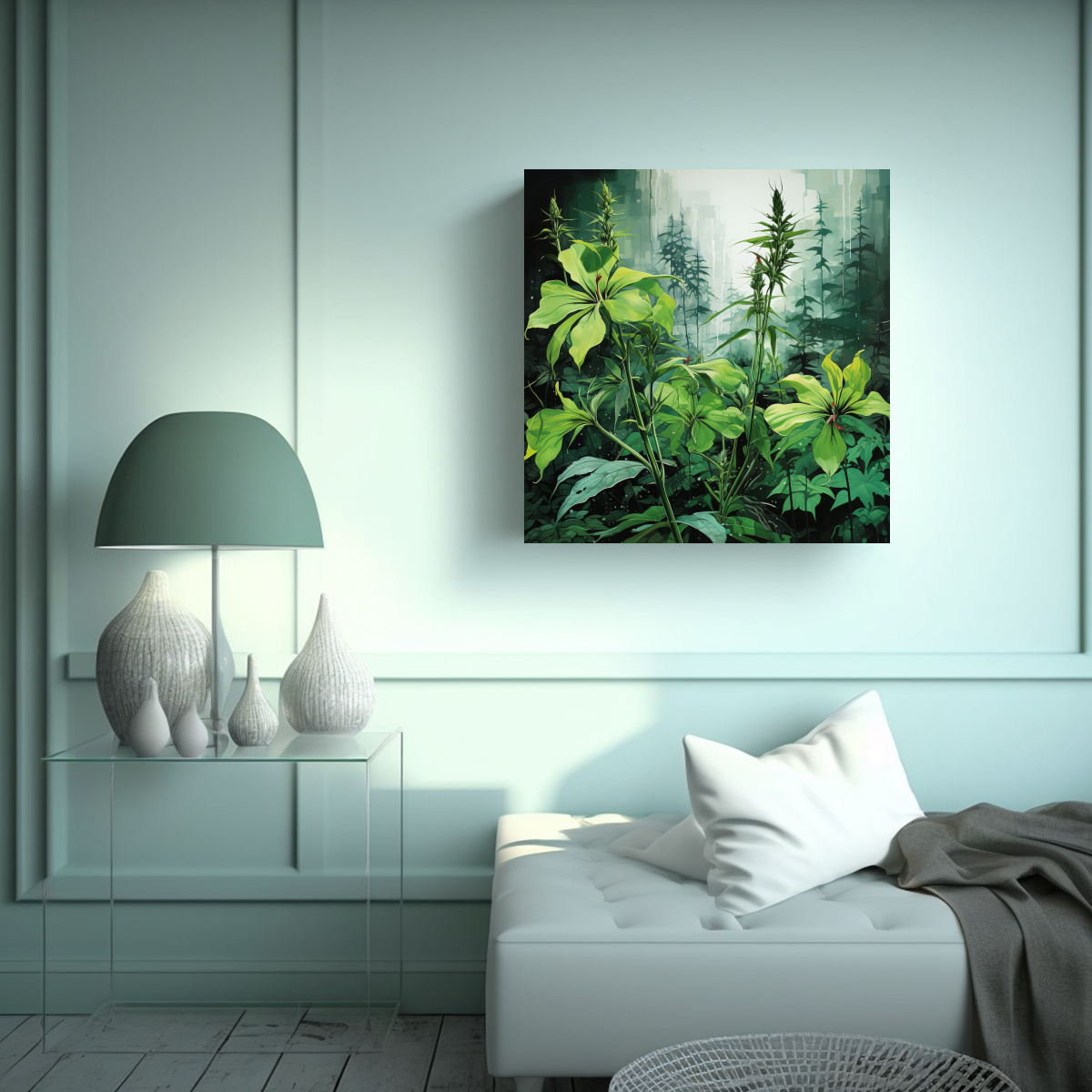 lienzo-moderno-para-comedor-hierbas-fireweed-en-verde-y-negro-1