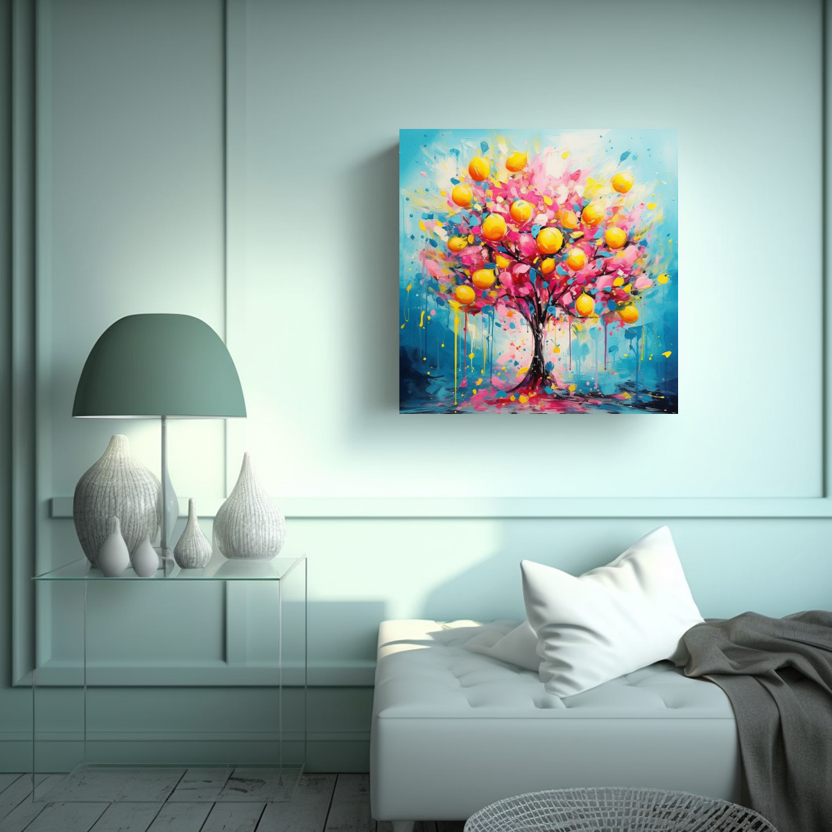 pintura-abstracta-comedor-con-limonero-en-colores-turquesa-y-rosa-1