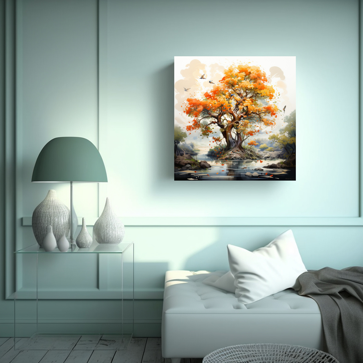 pintura-abstracta-en-blanco-y-naranja-con-figuras-en-movimiento-1