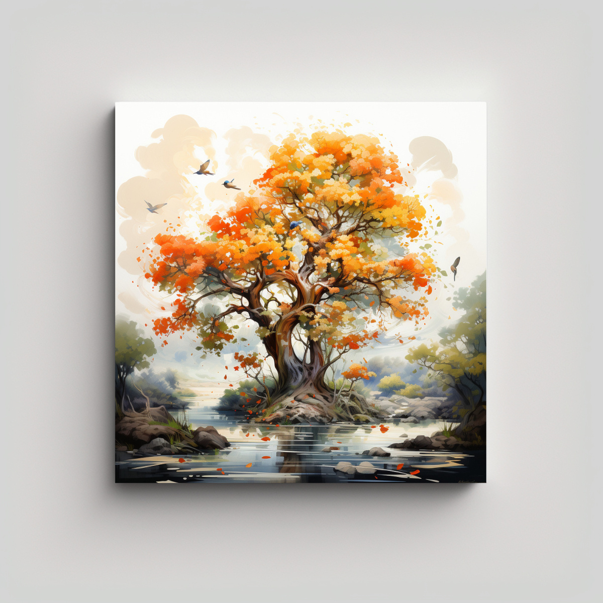 pintura-abstracta-en-blanco-y-naranja-con-figuras-en-movimiento