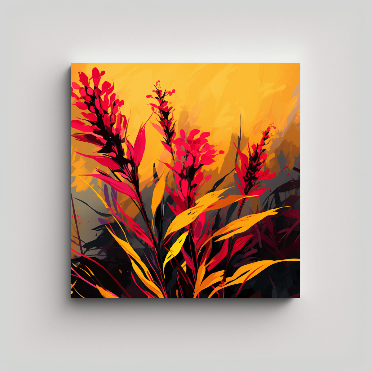 pintura-acuarela-fireweed-en-bastidor-de-tela-en-amarillo-y-rojo