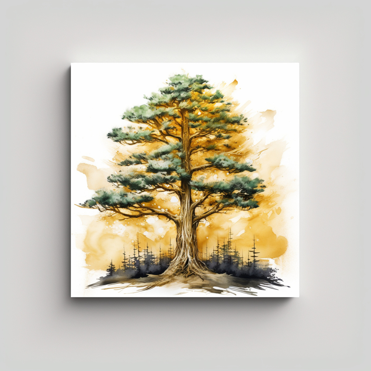 pintura-acuarela-inspirada-en-la-naturaleza-rbol-de-pino-colores-dorados