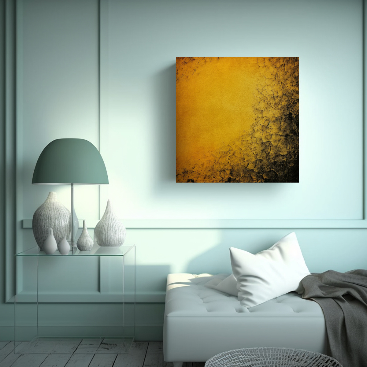 pintura-de-pared-abstracta-en-amarillo-y-fondo-oscuro-1