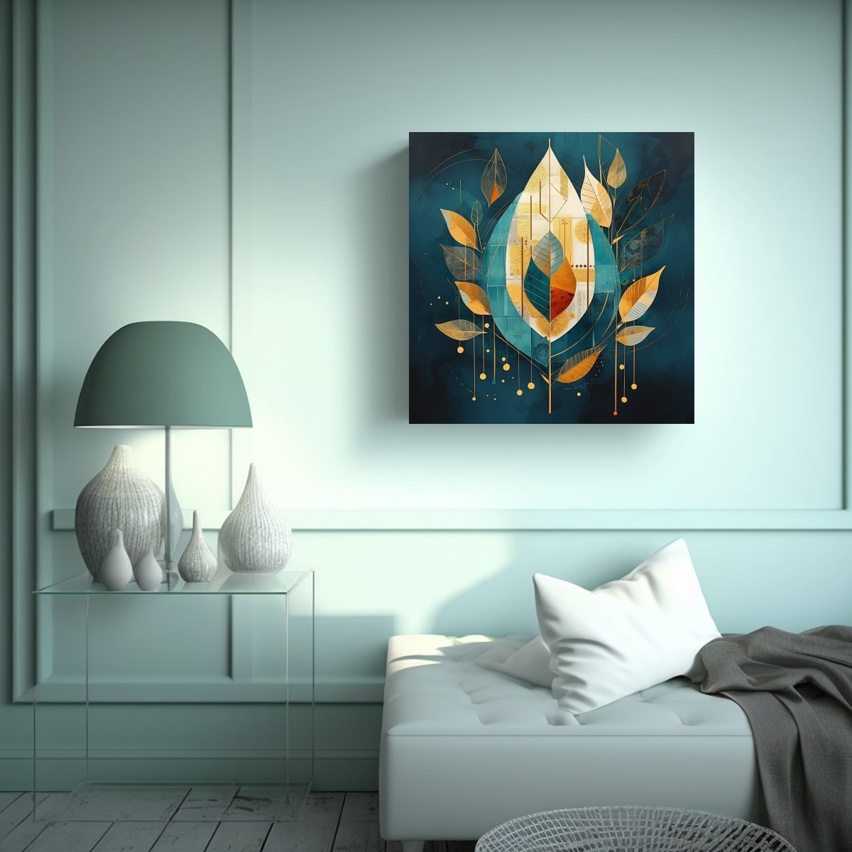 pintura-decorativa-abstracta-de-hoja-en-petrol-con-elementos-geom-tricos-de-canva-calidos-luminosa-1-1