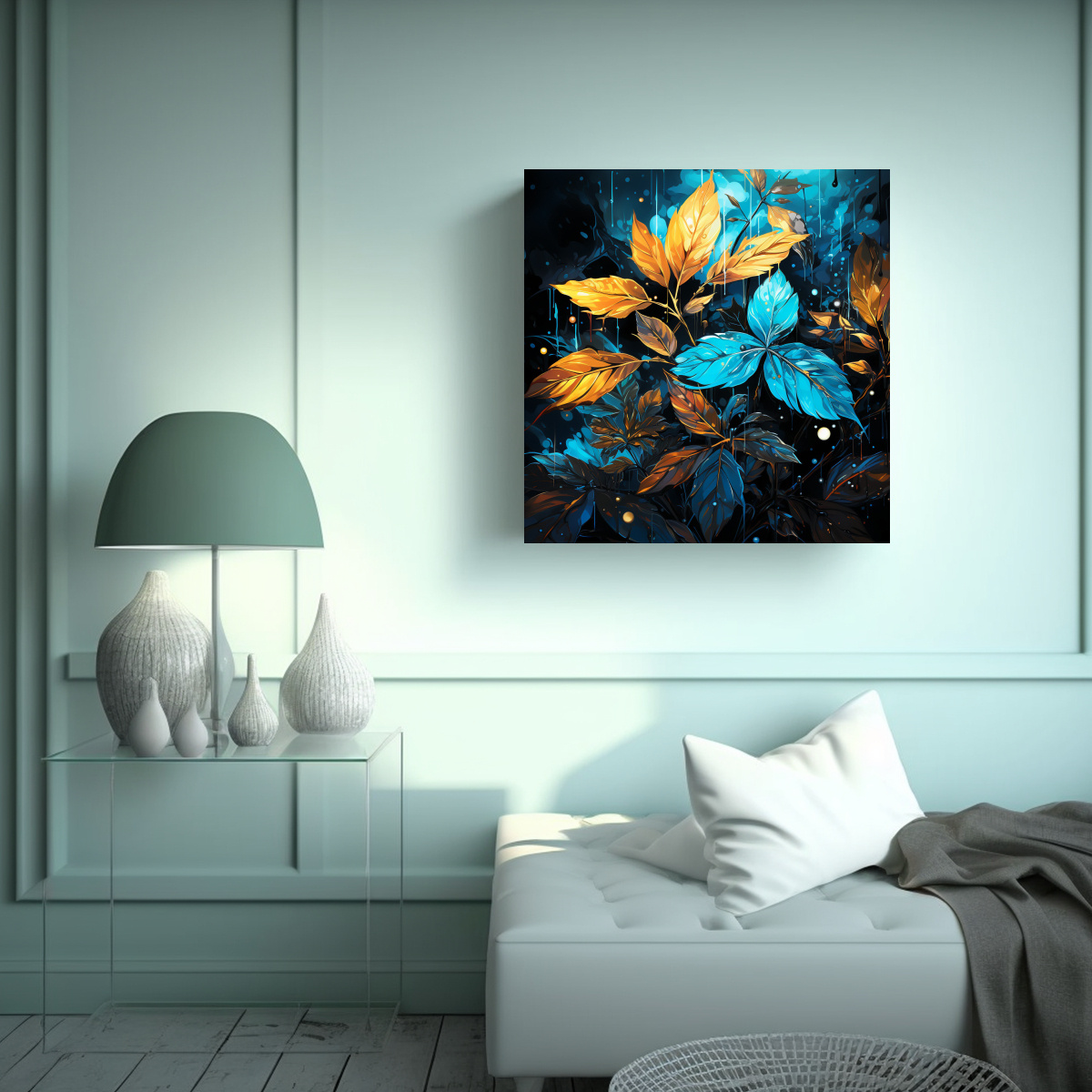 pintura-decorativa-con-esquema-de-hojas-de-bamb-en-turquesa-y-negro-estilo-neonoir-en-bastidor-inspiraci-n-tela-en-bastidor-1