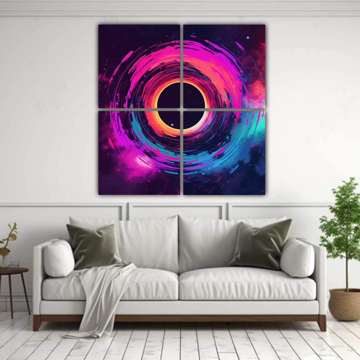pintura-decorativa-de-4-cuadros-concepto-figuras-estilo-synthwave-con-agujero-negro-en-el-cosmos-brillante-1