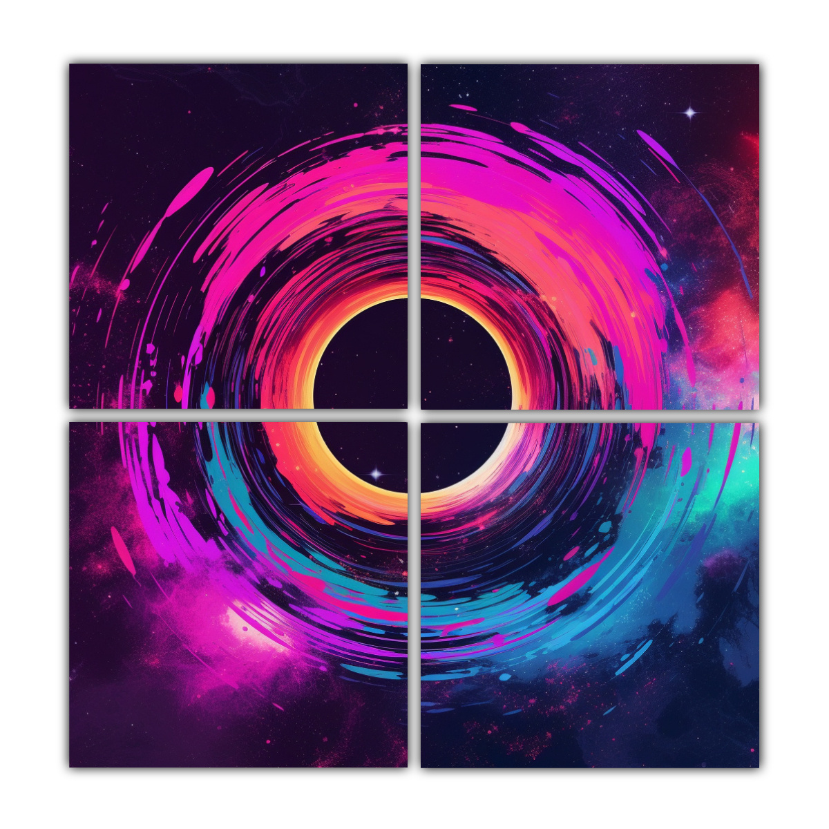 pintura-decorativa-de-4-cuadros-concepto-figuras-estilo-synthwave-con-agujero-negro-en-el-cosmos-brillante