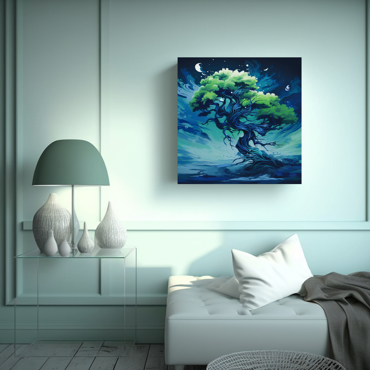 pintura-decorativa-de-arte-de-pared-finas-l-neas-de-un-rbol-de-enebro-en-verde-y-azul-atmosfera-neonoir-1-1