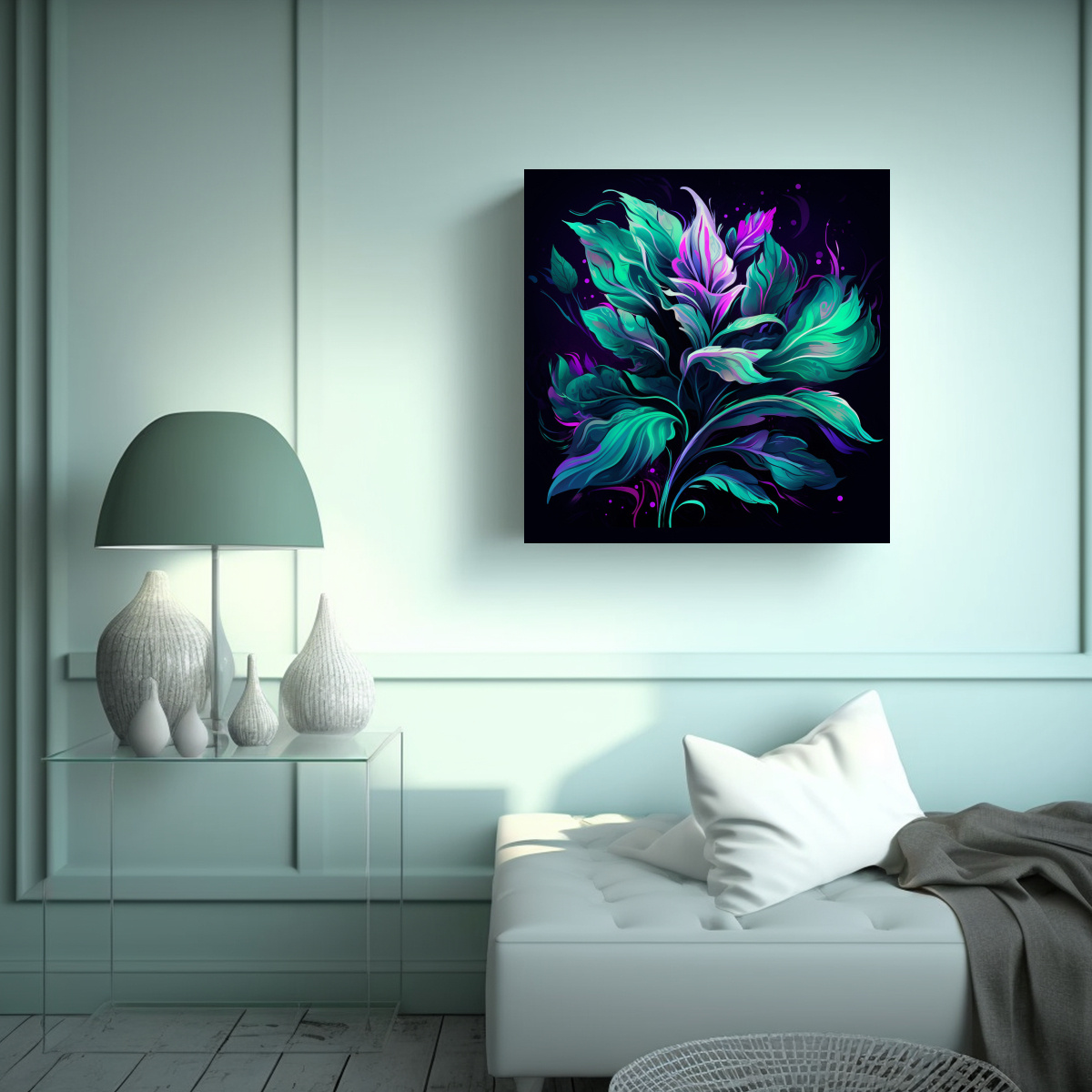 pintura-decorativa-de-hojas-de-acebo-en-verde-y-p-rpura-con-atm-sfera-neonoir-brillante-y-espectacular-1