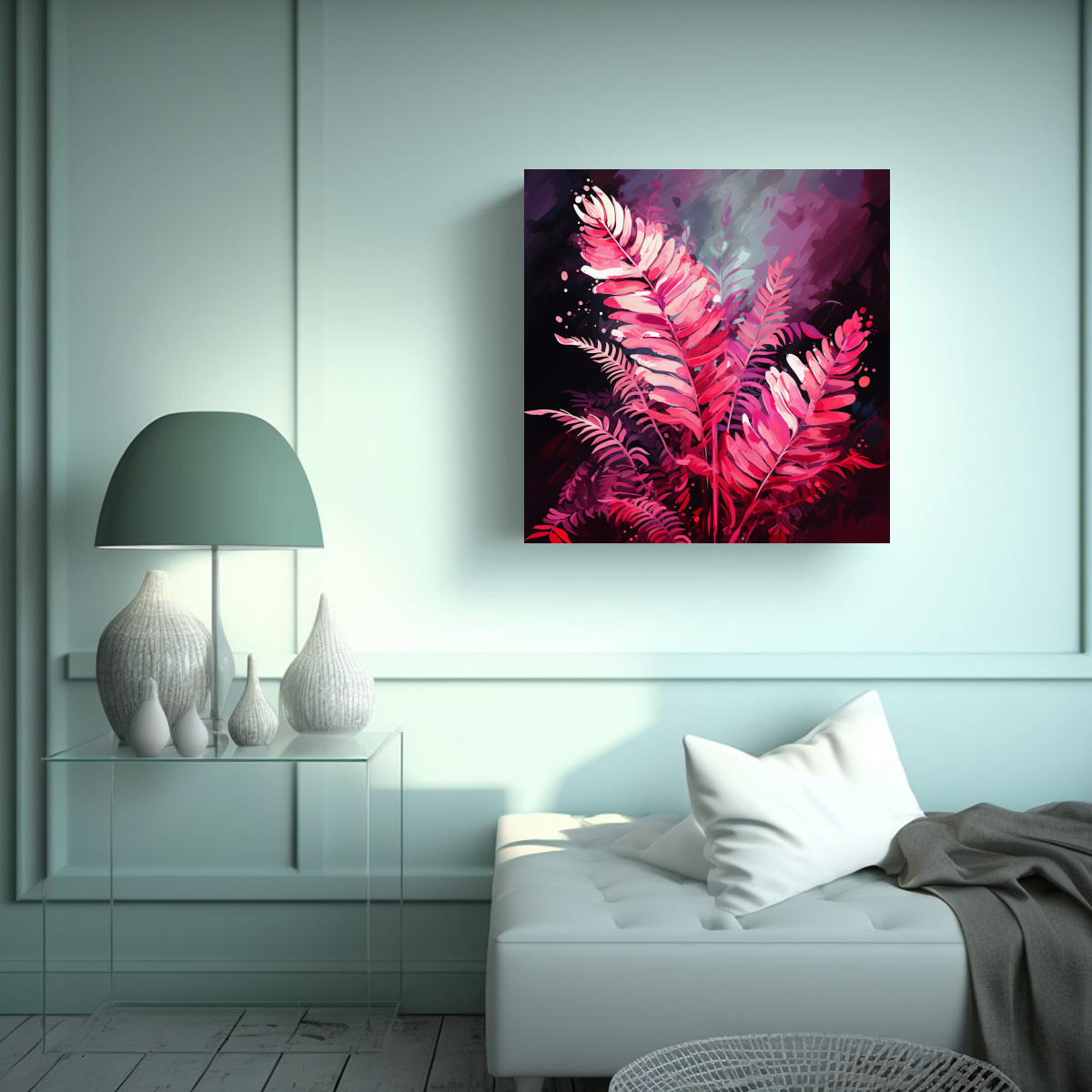pintura-decorativa-de-hojas-de-helecho-en-colores-rojo-y-rosa-con-atm-sfera-neonoir-1