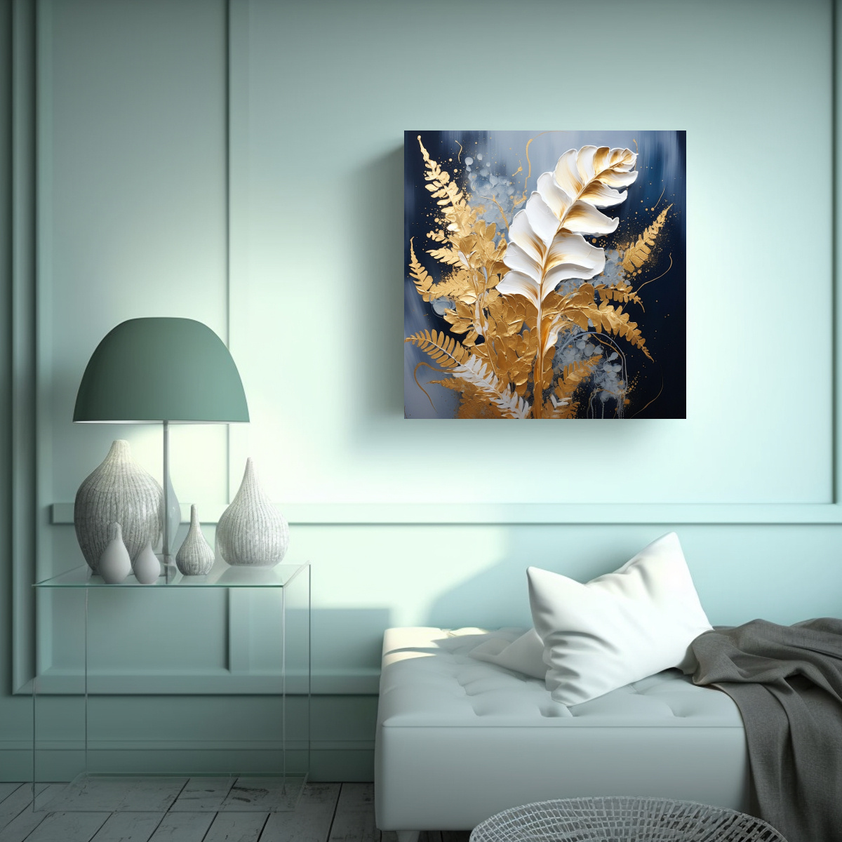 pintura-decorativa-en-bastidor-con-tema-de-hojas-de-helecho-en-blanco-y-dorado-ambiente-neonoir-de-sensibilidad-art-stica-1