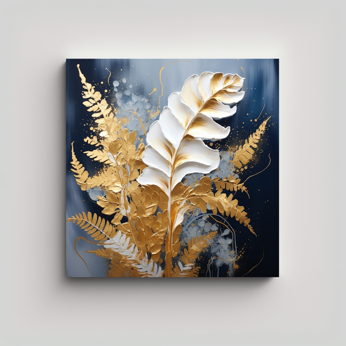 pintura-decorativa-en-bastidor-con-tema-de-hojas-de-helecho-en-blanco-y-dorado-ambiente-neonoir-de-sensibilidad-art-stica