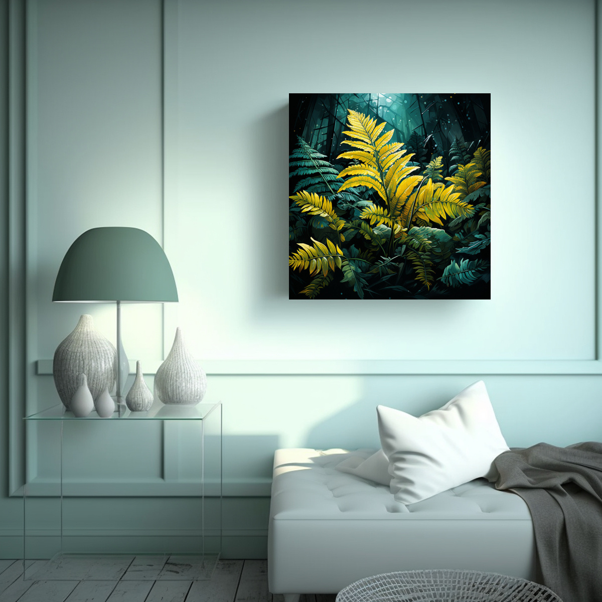 pintura-decorativa-en-relieve-de-hojas-de-helecho-en-amarillo-y-verde-con-atm-sfera-neonoir-1
