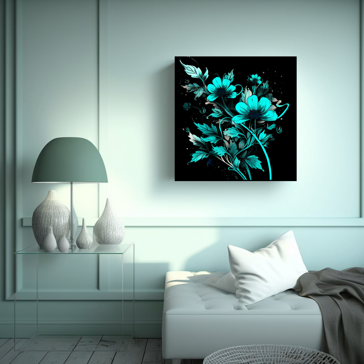 pintura-decorativa-original-hierbas-de-menta-en-turquesa-y-negro-con-atm-sfera-neonoir-1