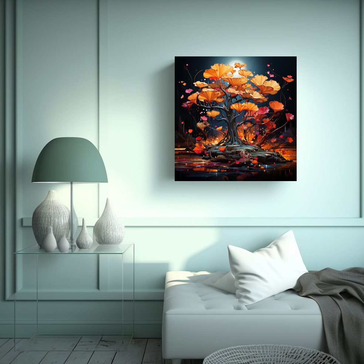 pintura-en-bastidor-neo-de-rbol-bons-i-ginkgo-biloba-en-colores-rojo-y-naranja-1