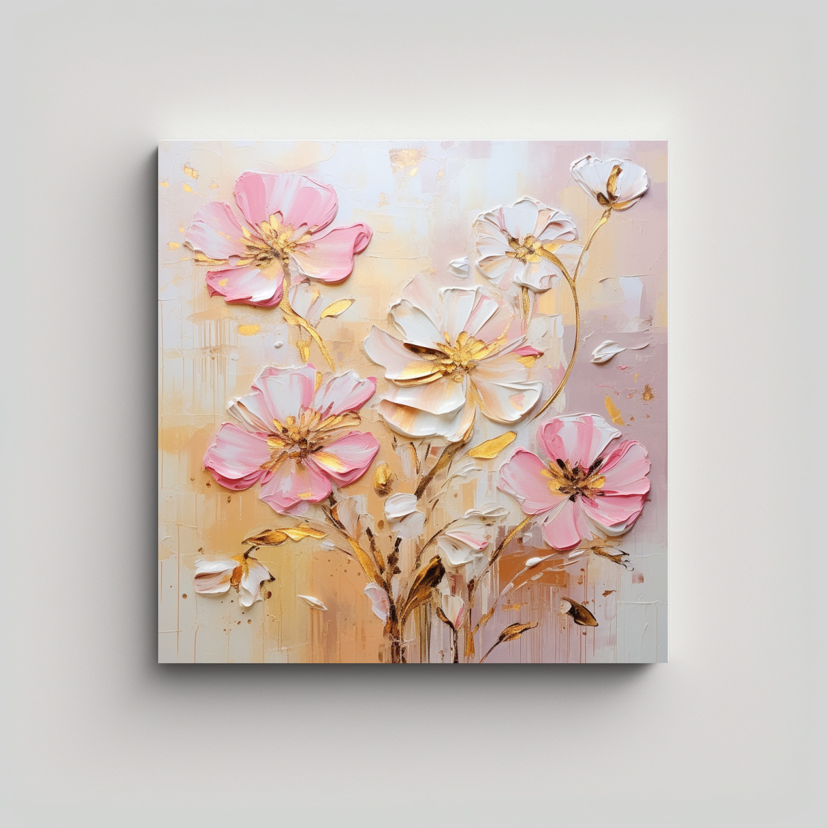 pintura-en-lienzo-para-sala-con-flores-en-colores-oro-y-rosa