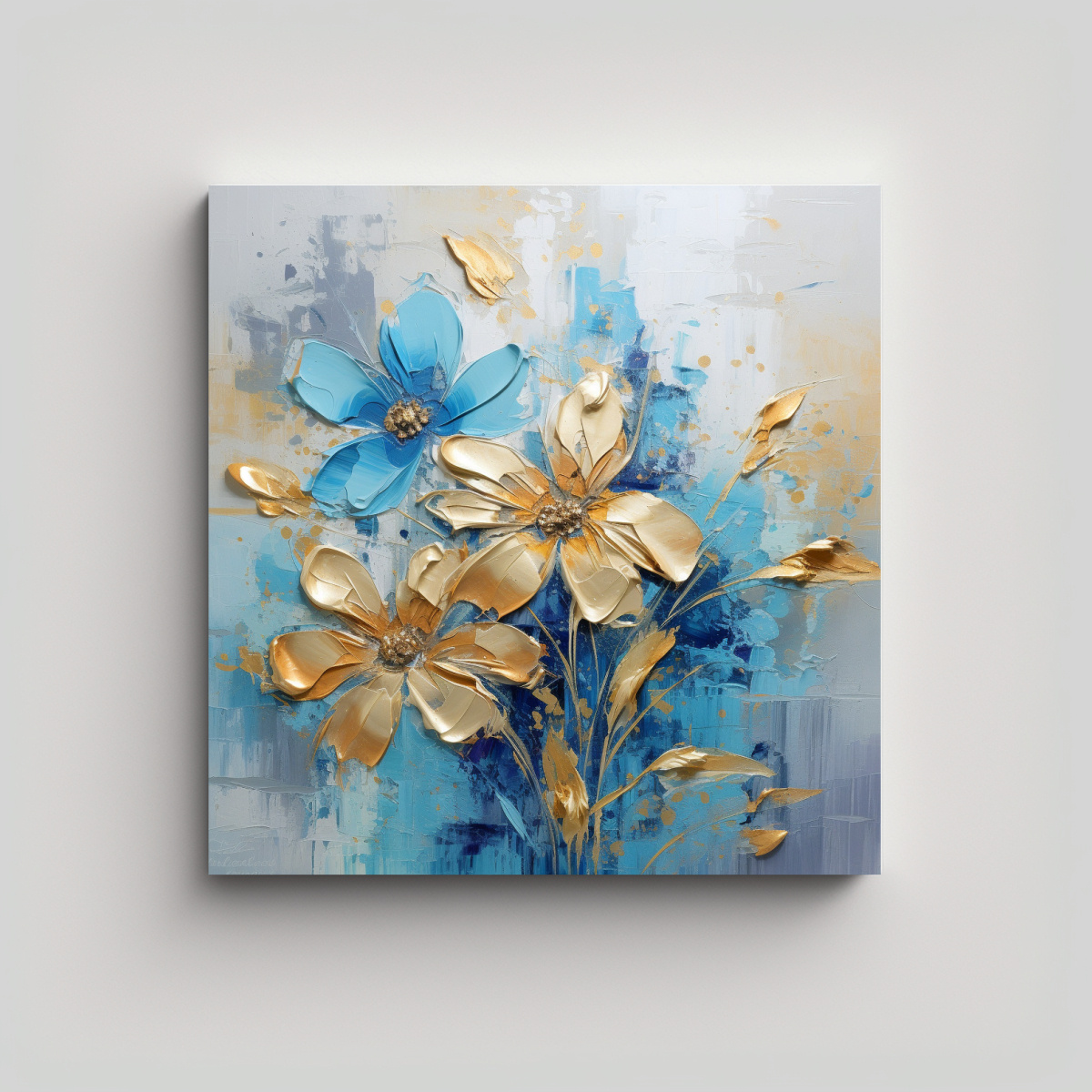 pintura-en-lienzo-rectangular-de-arte-moderno-en-tonos-dorados-y-azules-con-flores
