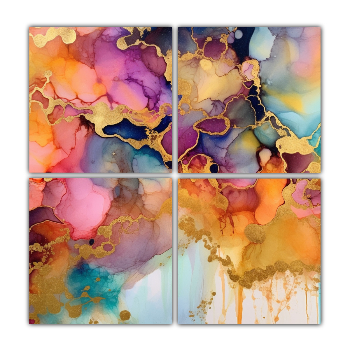 pinturas-abstractas-de-4-artes-con-tinta-de-alcohol-resistente-y-acentos-dorados-de-arco-ris