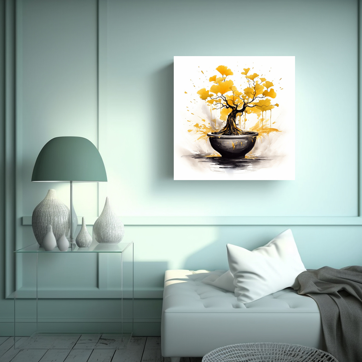 pinturas-abstractas-rectangulares-en-tonos-dorados-y-negros-con-rbol-de-bons-i-ginkgo-biloba-en-arte-forma-1