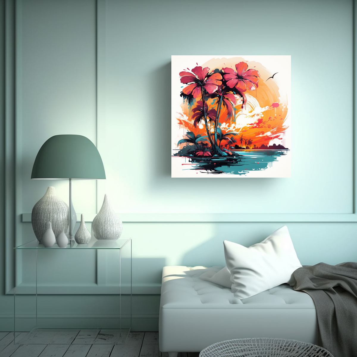 pinturas-de-decoraci-n-en-estilo-neonoir-neo-pop-art-con-atm-sfera-abstracta-de-palmeras-en-un-dormitorio-1