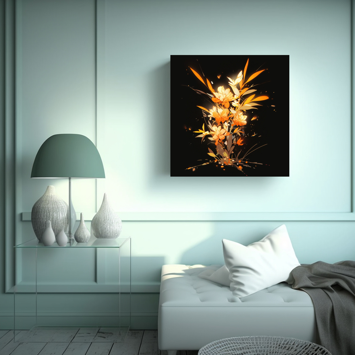 pinturas-de-decoraci-n-en-tela-estilo-neonoir-con-l-neas-finas-amarillas-y-naranjas-en-un-ambiente-sofisticado-1-1