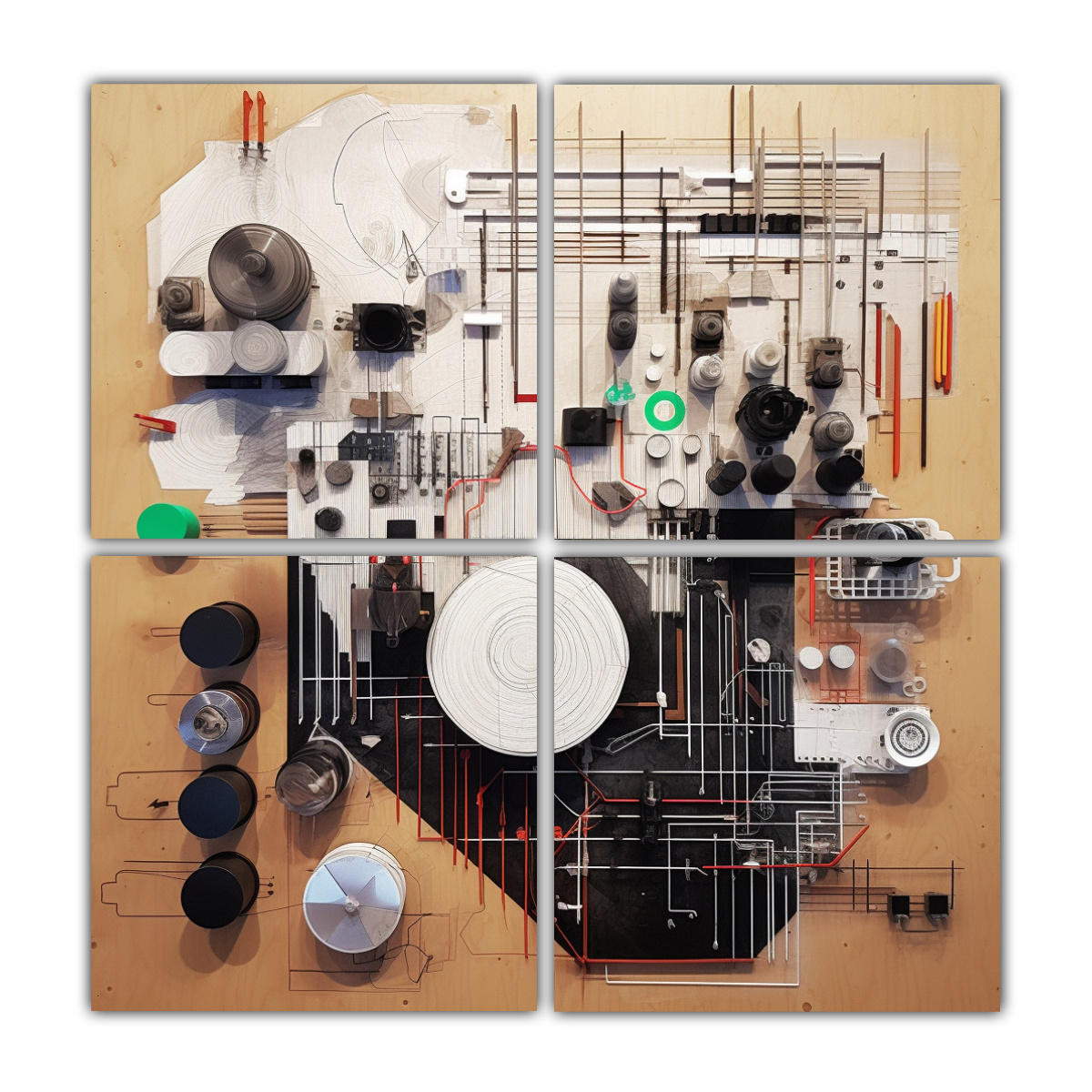 pinturas-decorativas-abstractas-en-4-lienzos-con-l-neas-punteadas-y-geometr-a