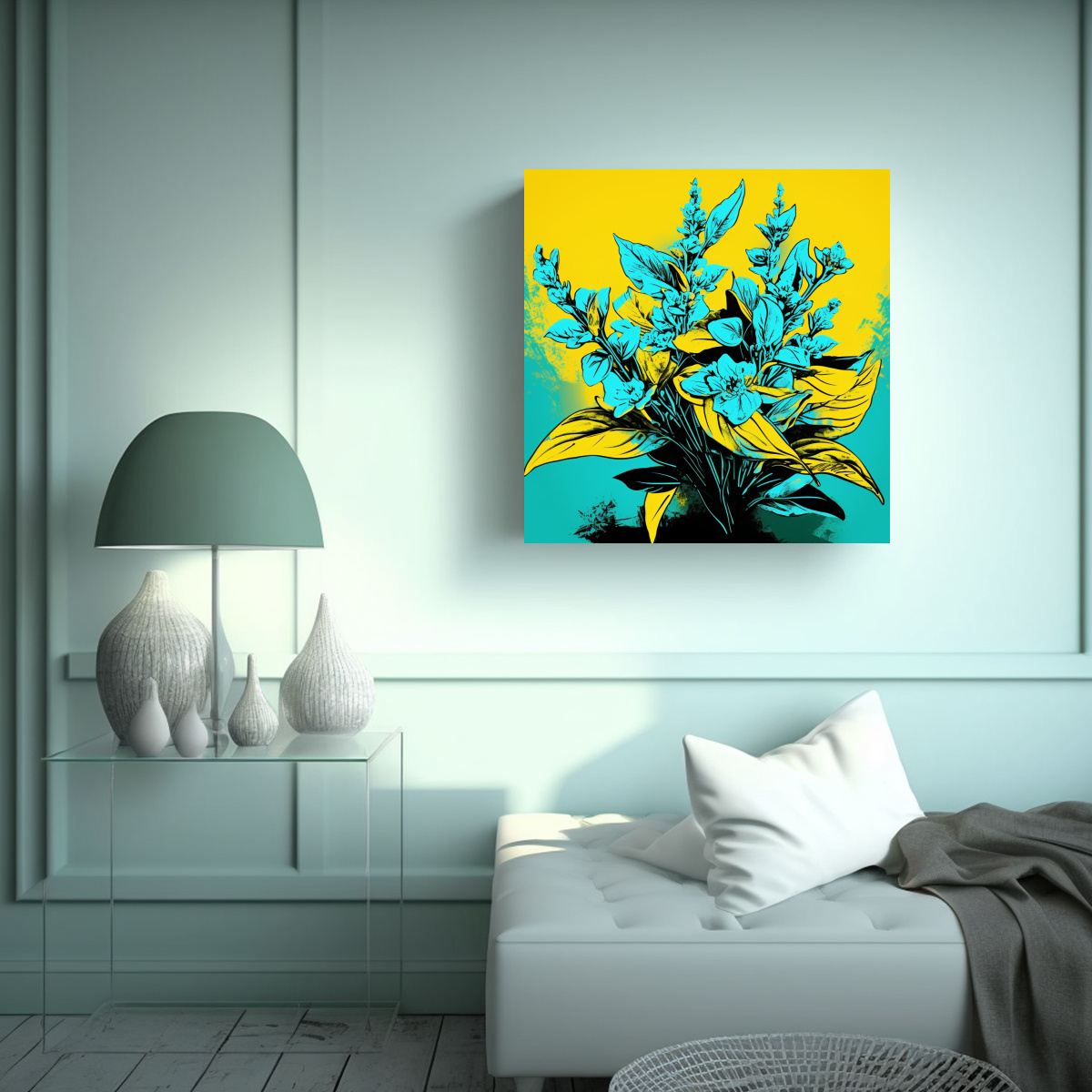 pinturas-decorativas-de-acuarela-contraste-de-hierbas-de-albahaca-en-colores-amarillo-y-turquesa-con-atm-sfera-neonoir-1