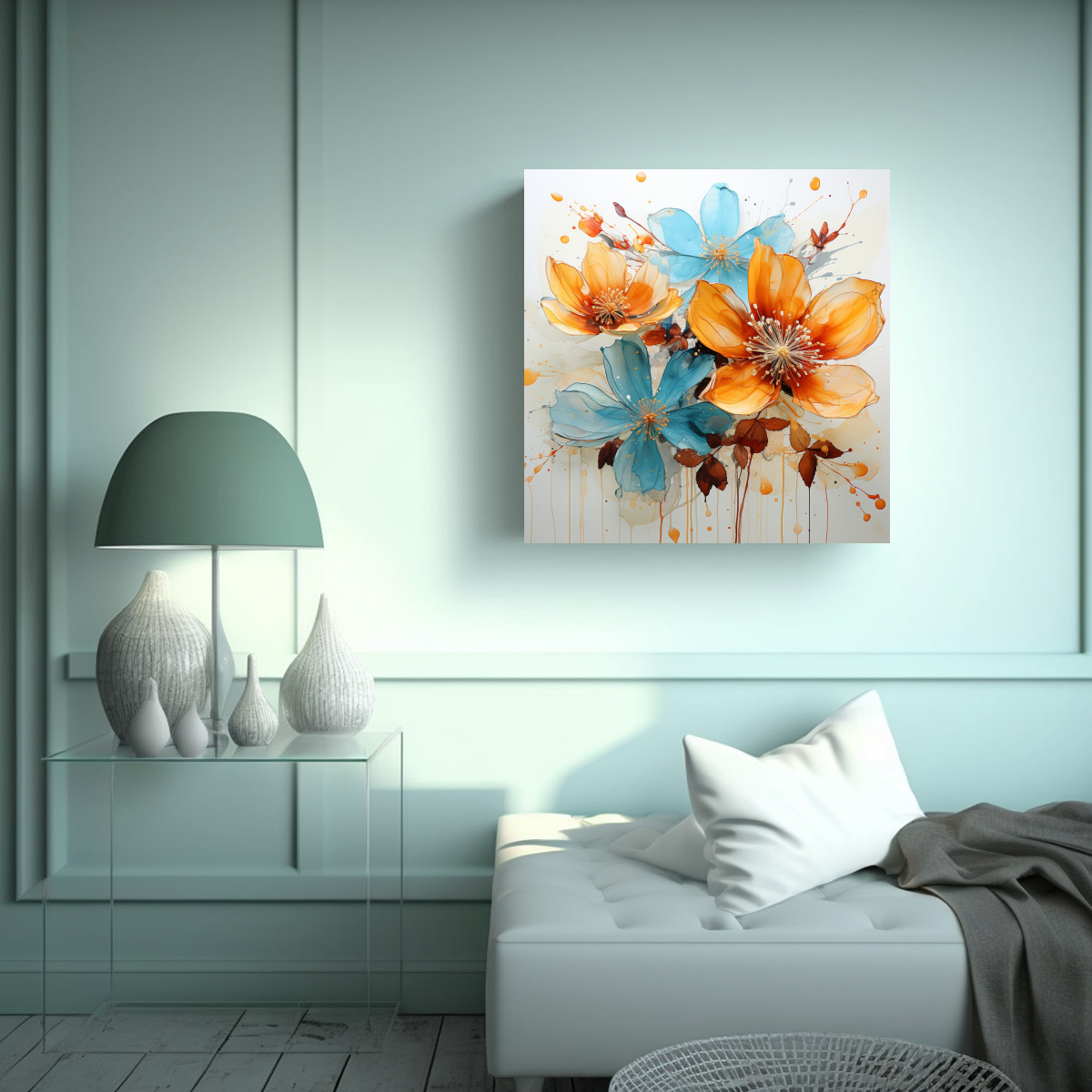pinturas-decorativas-de-arte-inspiradas-en-flores-turquesa-y-naranja-abstractas-1