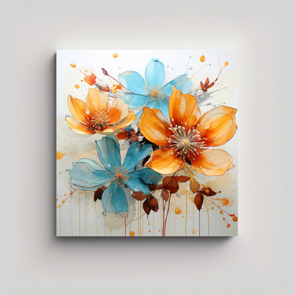 pinturas-decorativas-de-arte-inspiradas-en-flores-turquesa-y-naranja-abstractas