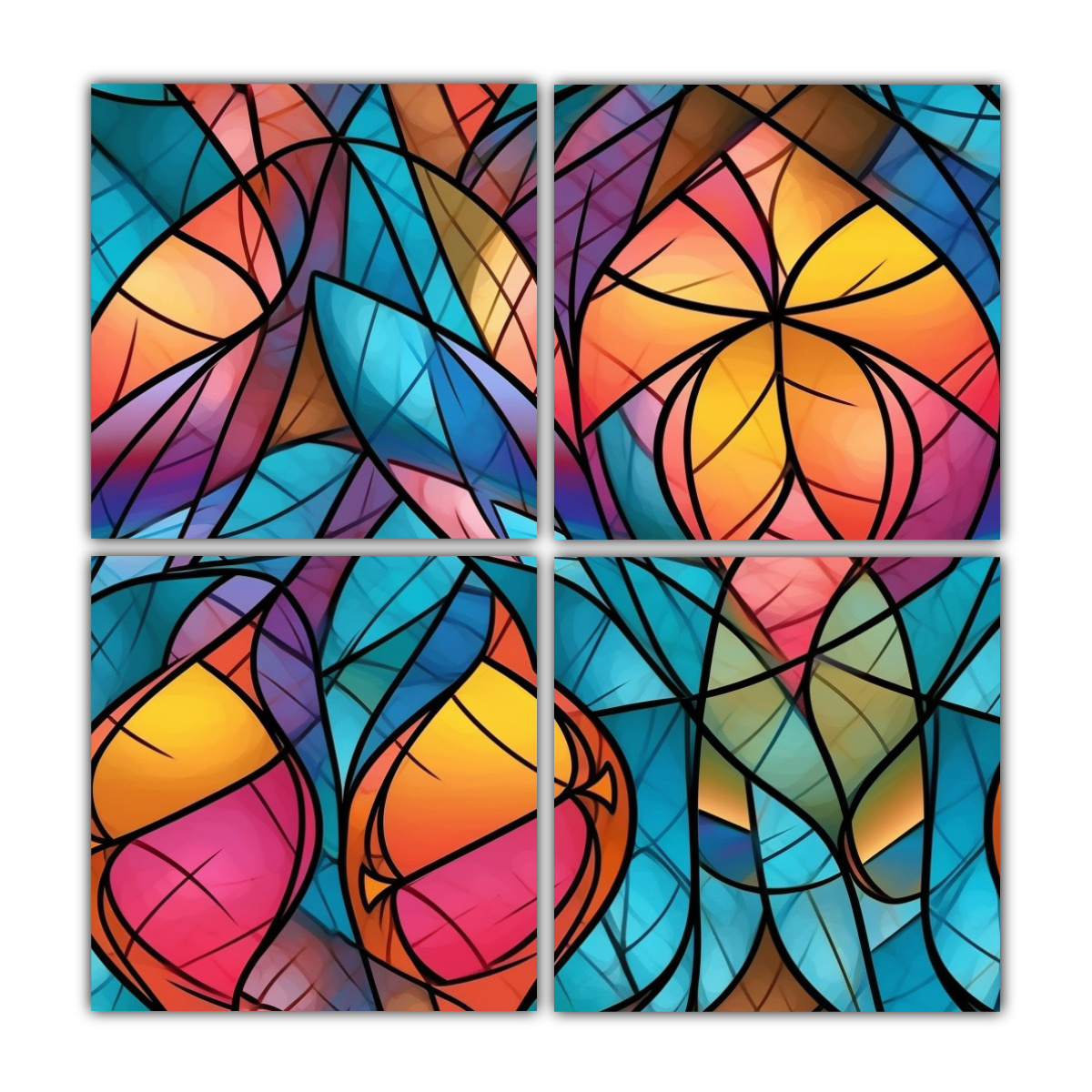 pinturas-decorativas-de-cuadro-en-perspectiva-en-4-lienzos-de-vidrieras-manchadas