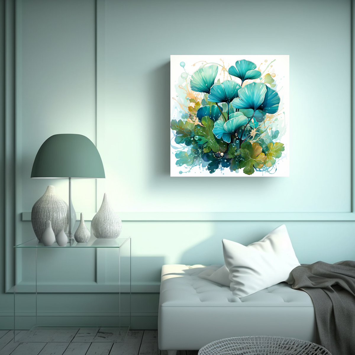pinturas-decorativas-de-hojas-de-ginkgo-en-verde-y-turquesa-con-intensa-belleza-neonoir-1