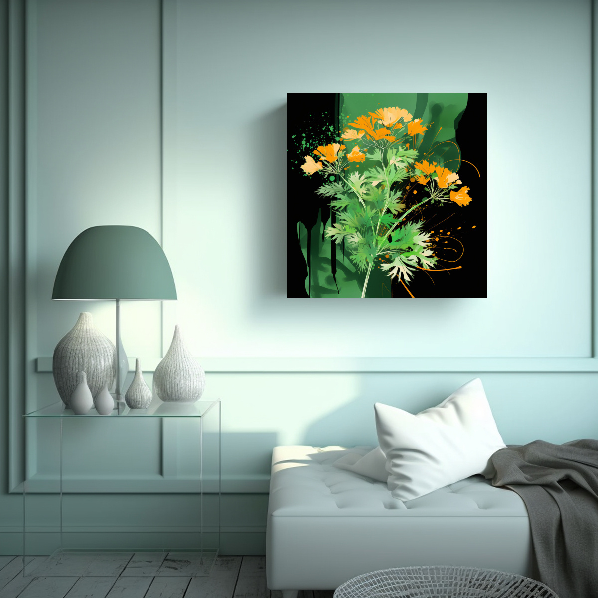 pinturas-decorativas-de-lienzo-sublimado-de-cilantro-y-hierbas-en-colores-verde-y-naranja-estilo-neonoir-1